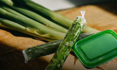 Daun bawang dan daun sup disimpan dalam plastik aiskrim berisi air untuk memastikan sayur kekal segar lebih lama dalam peti ais.