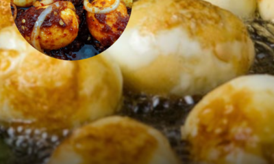 Teknik mencucuk telur rebus menggunakan garfu sebelum digoreng untuk mengelakkan telur meletup dan minyak memercik.
