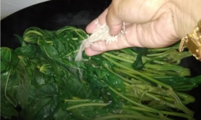 Pucuk ubi segar yang sedia untuk direbus sebagai ulam kampung.